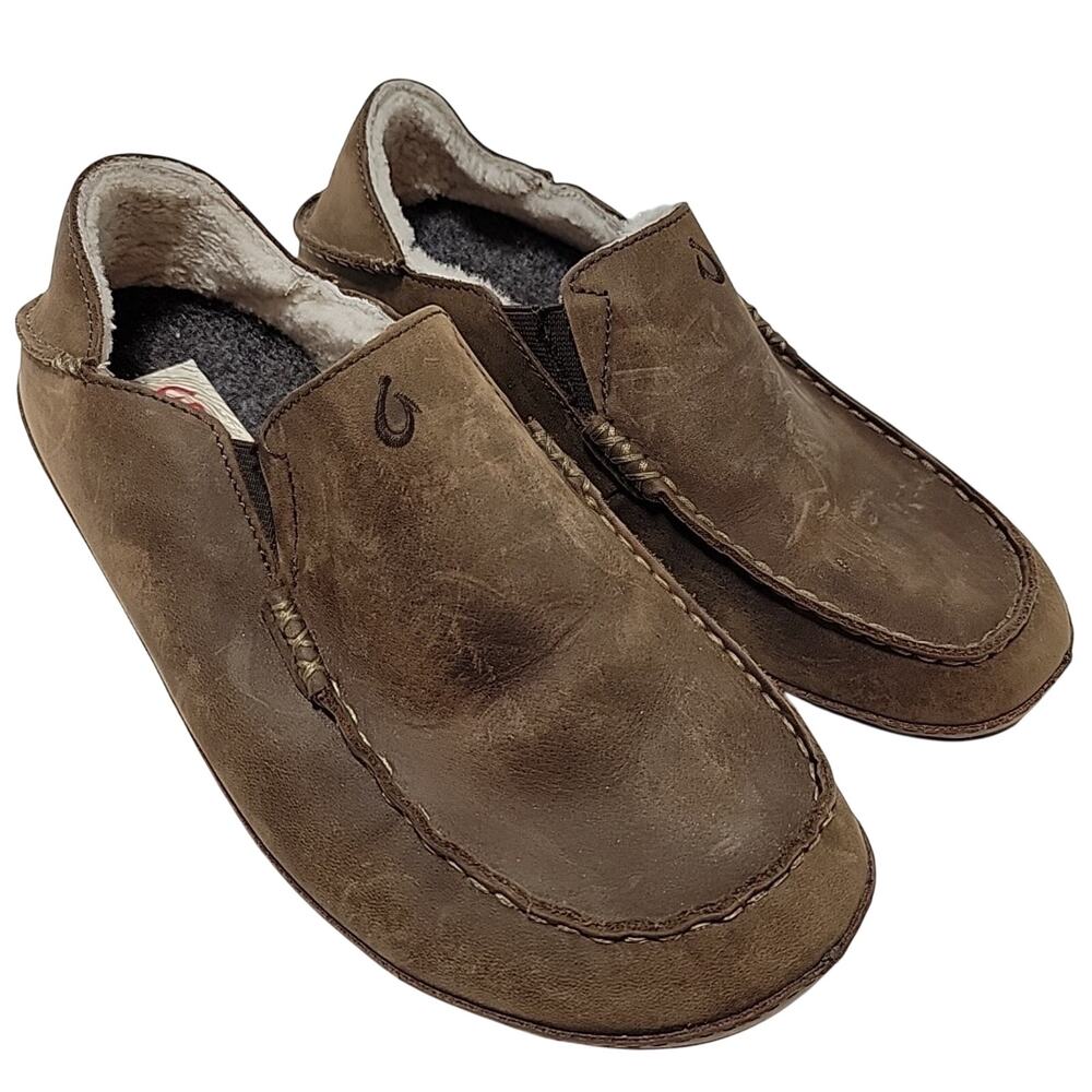 OluKai Mens Moloa Slipper Shoe Size 8 Brown Leather Sherpa Loafer Convertible
